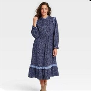 Women’s Elegant Blue Ballon Sleeve Ruffle Dress Size M NEW